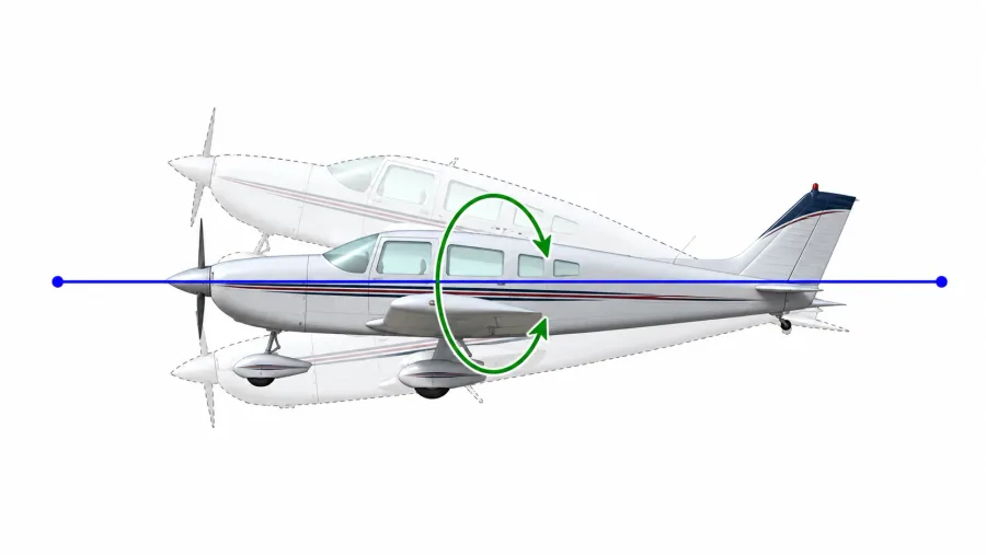 Diagrama do movimento de arfagem: avião visto de lado, com o giro de nariz para cima e para baixo