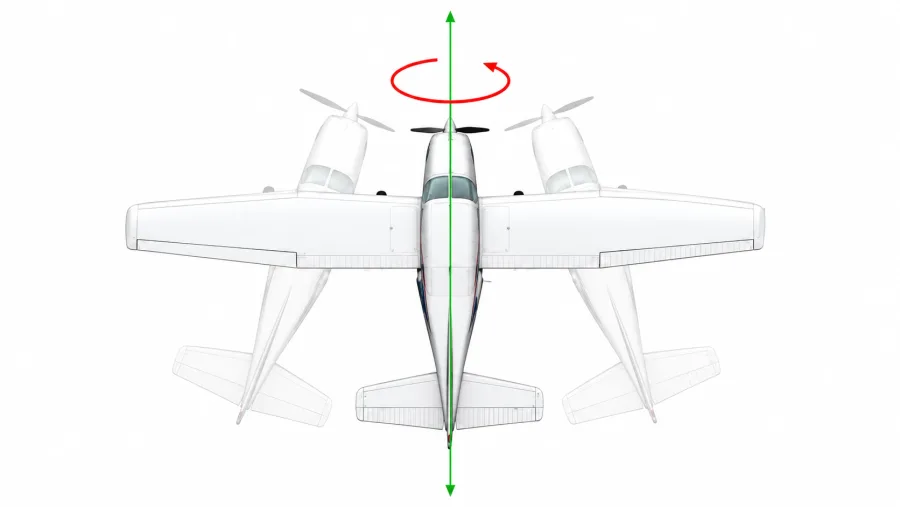 Diagrama do movimento de guinada: avião visto de cima, girando em torno do eixo vertical