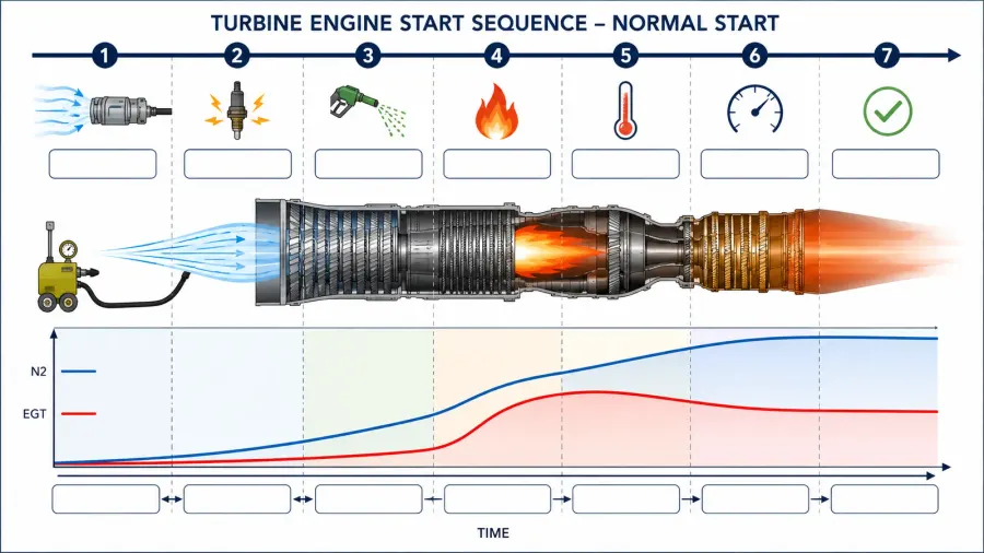 Sequência de partida de um motor a turbina, do giro do starter à aceleração até marcha lenta